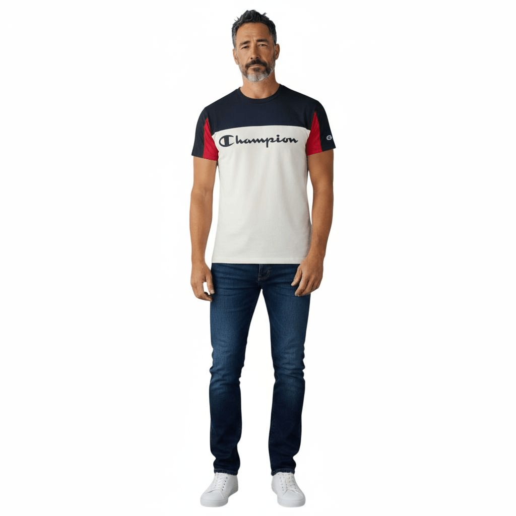 Champion Men’s T-Shirt Medium Navy White Red Color block Script Logo Tee - USASTARFASHION