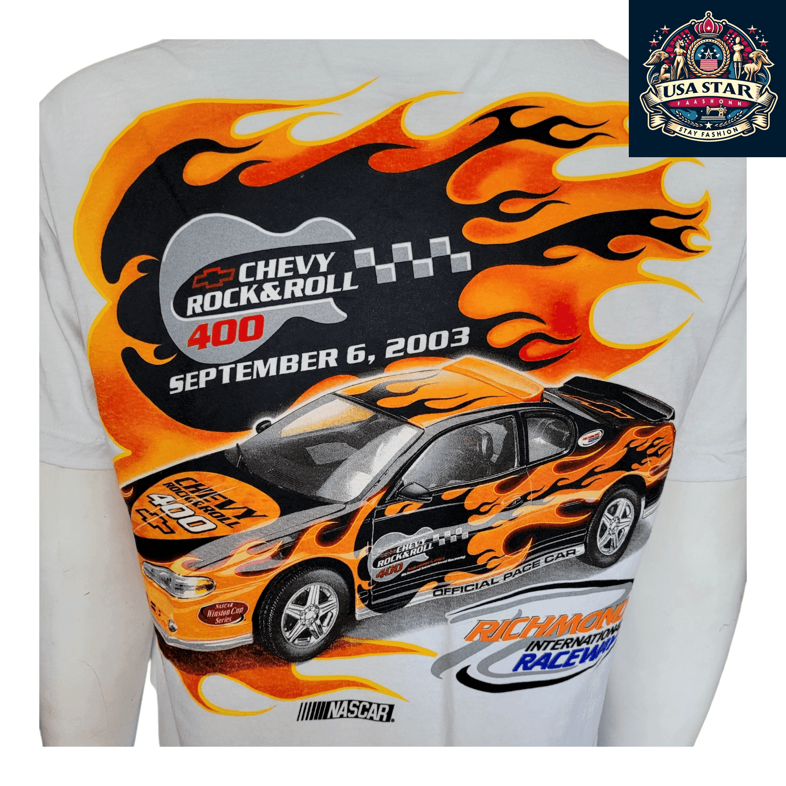 Chevy Rock And Roll 400 T-Shirt 2003 NASCAR Flames Graphic Large Vintage Cotton Tee - USASTARFASHION