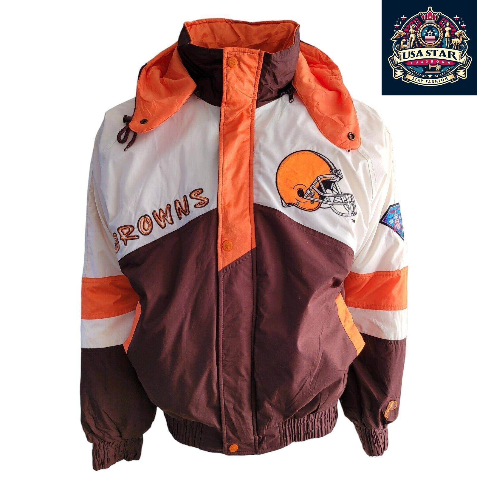 Cleveland Browns Jacket Pro Player 90s Vintage Style Men's Small - Medium with Hoodie and Embroidery - USASTARFASHION