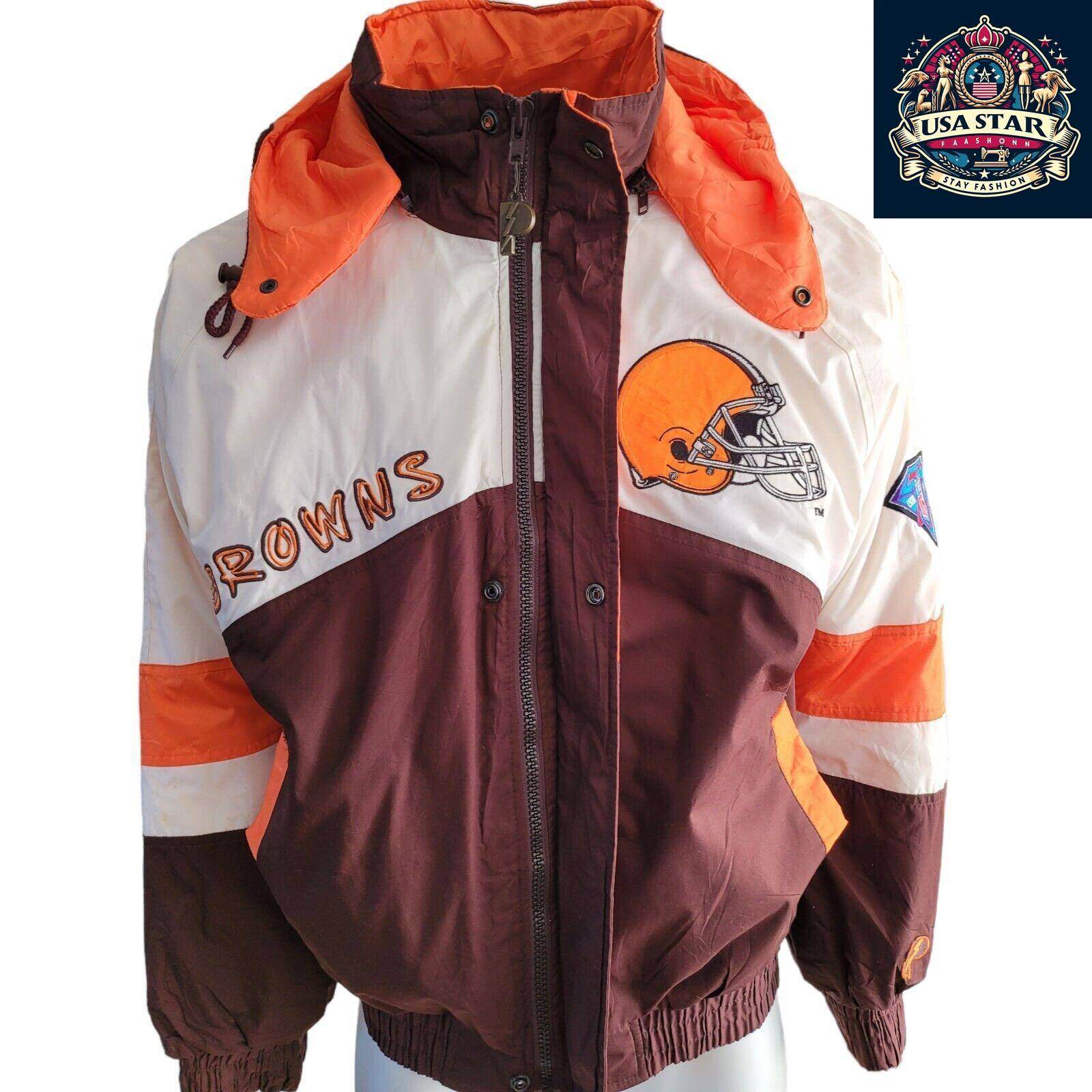 Cleveland Browns Jacket Pro Player 90s Vintage Style Men's Small - Medium with Hoodie and Embroidery - USASTARFASHION