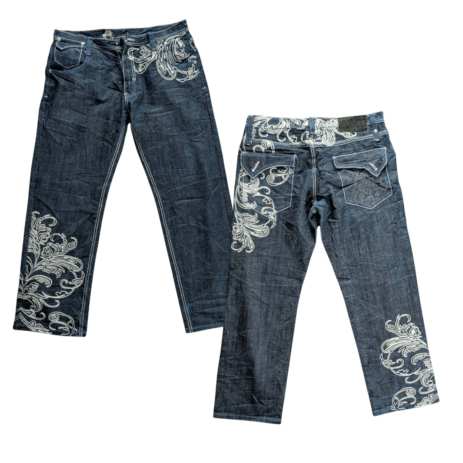 Delf W36 L32 Embroidered Jeans Baroque Floral Straight Leg Denim - USASTARFASHION