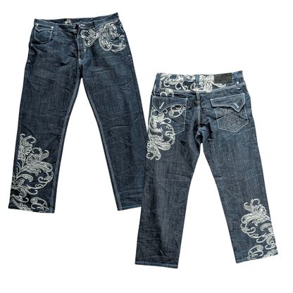 Delf W36 L32 Embroidered Jeans Baroque Floral Straight Leg Denim - USASTARFASHION