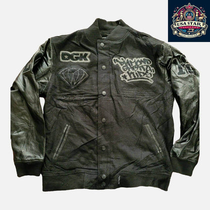 DGK Diamond X Supply Co Dirty Ghetto Kids Jacket Mens XL Black Leather Wool Varsity - USASTARFASHION