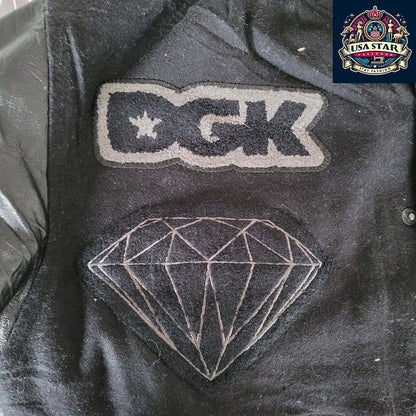 DGK Diamond X Supply Co Dirty Ghetto Kids Jacket Mens XL Black Leather Wool Varsity - USASTARFASHION