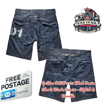 G - Star RAW 3301 Black Denim Shorts Men's Size 36 - Stylish & Durable - USASTARFASHION