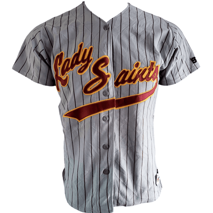Lady Saints Women's Baseball Jersey 5 in Grey Pinstripe with Maroon and Gold Accents - Medium - USASTARFASHION