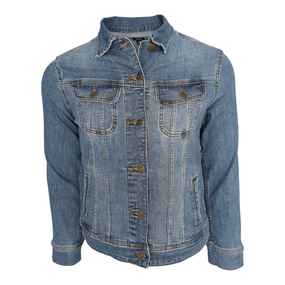 Lee Denim Jacket Medium Blue Rhinestone R Back Logo Women’s Size M - USASTARFASHION