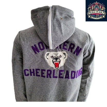 Leighann '99 Vintage Cheerleading Jacket M - Grey Wool Hoodie Style, Retro Team Spirit Apparel - USASTARFASHION