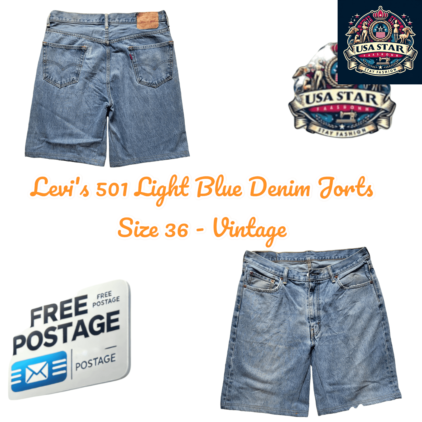 Levi's 501 Jorts Size 36 - Vintage Light Blue Denim, Relaxed Fit, Classic Five - Pocket Design - USASTARFASHION