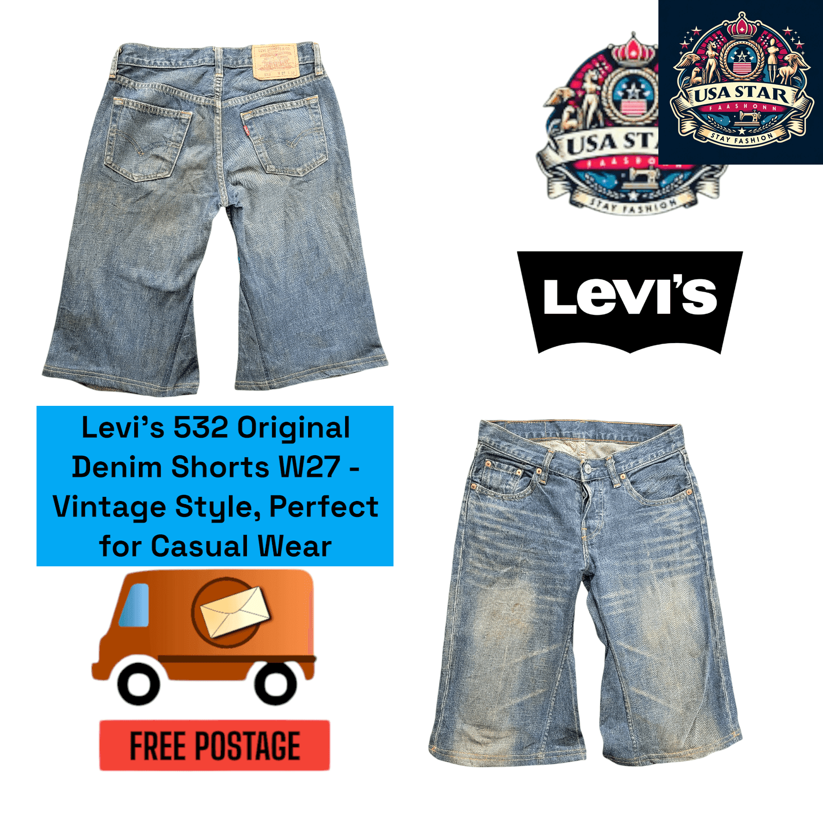 Levi's 532 Original Denim Shorts W27 - Vintage Style, Durable Cotton, 5 - Pocket Design - USASTARFASHION
