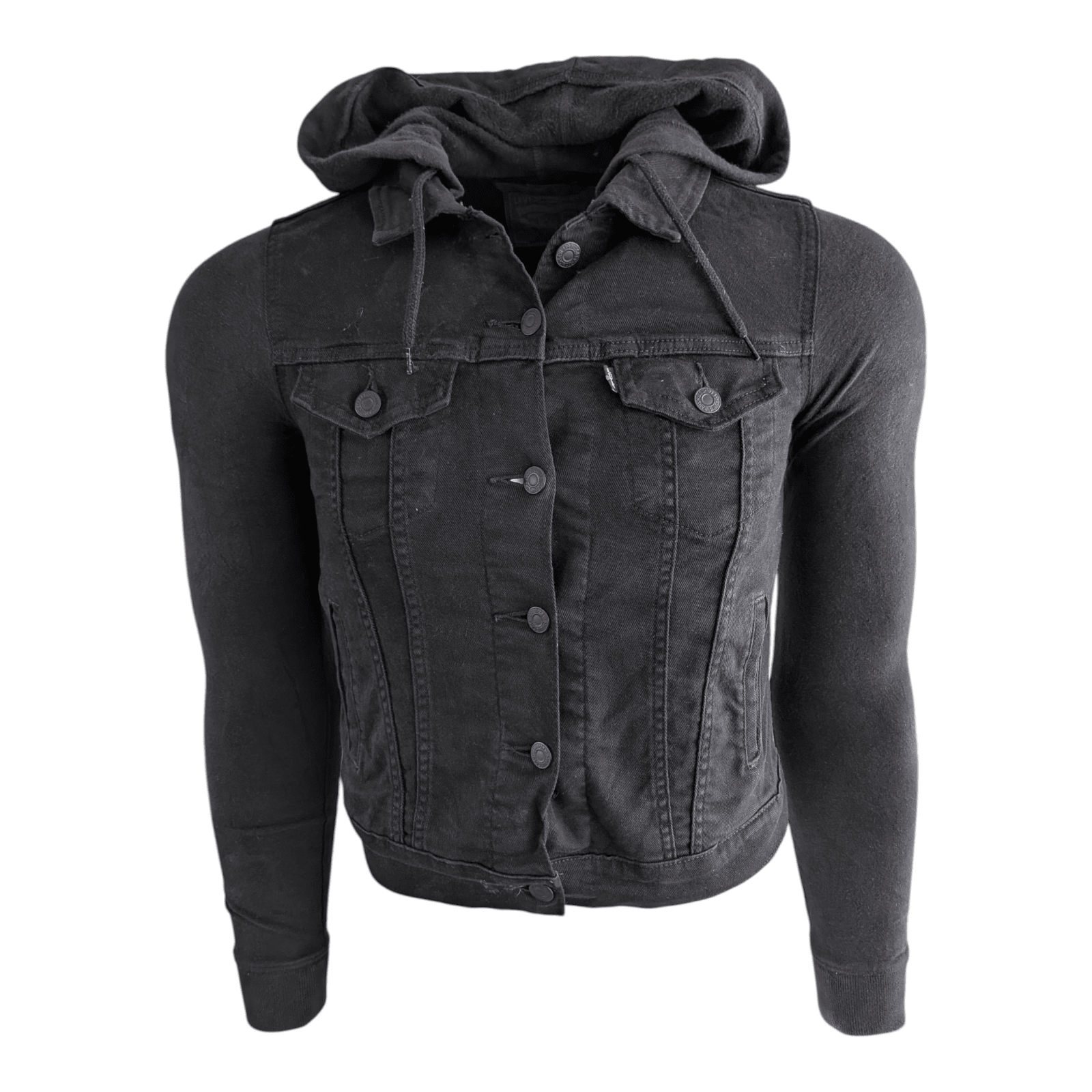 Levi’s Hybrid Original Trucker Jacket Black Small Hooded Denim Sweatshirt Sleeve - USASTARFASHION