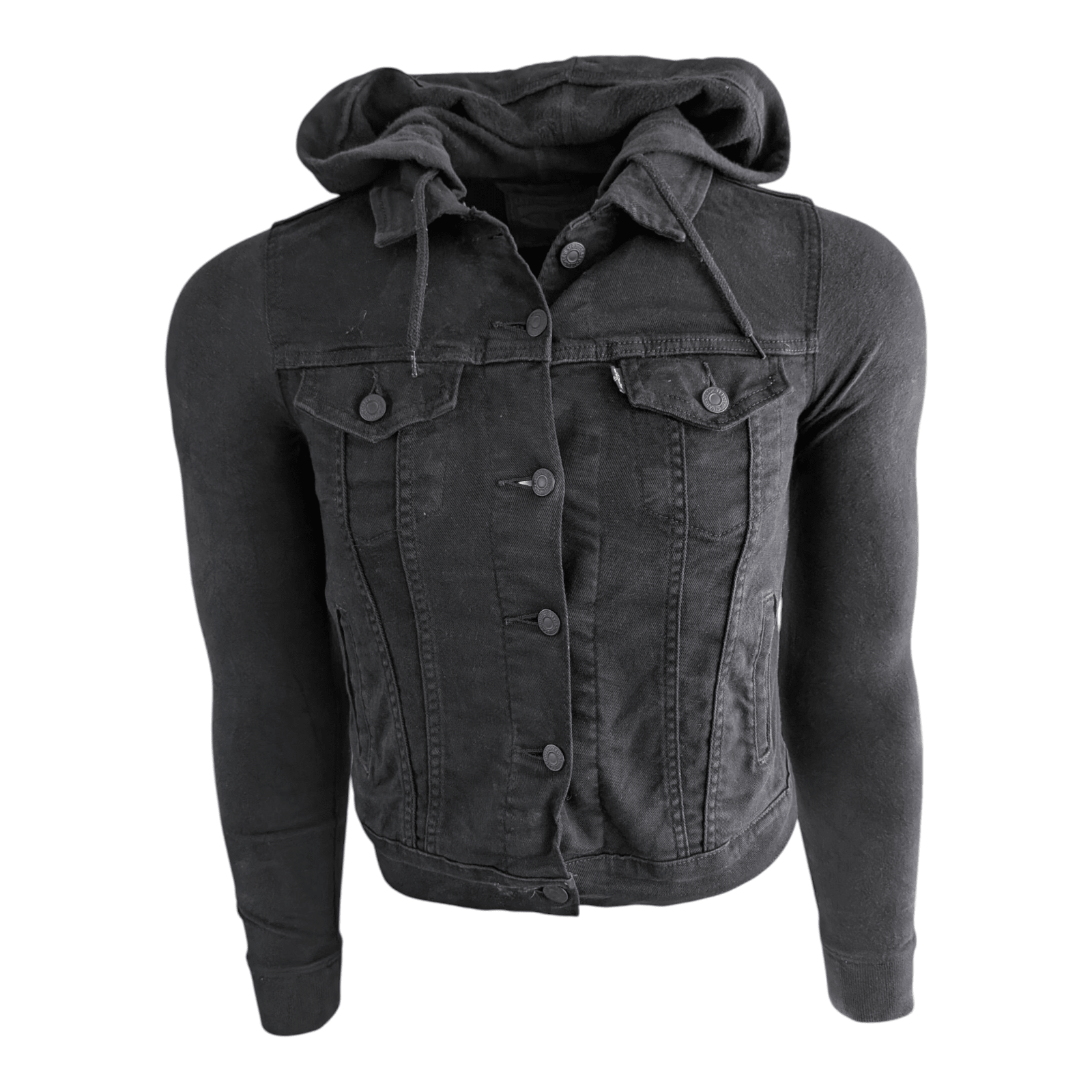 Levi’s Hybrid Original Trucker Jacket Black Small Hooded Denim Sweatshirt Sleeve - USASTARFASHION