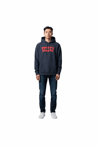 Levi’s Men’s Hoodie XXL Navy Blue Red Batwing Logo Pullover Kangaroo Pocket - USASTARFASHION