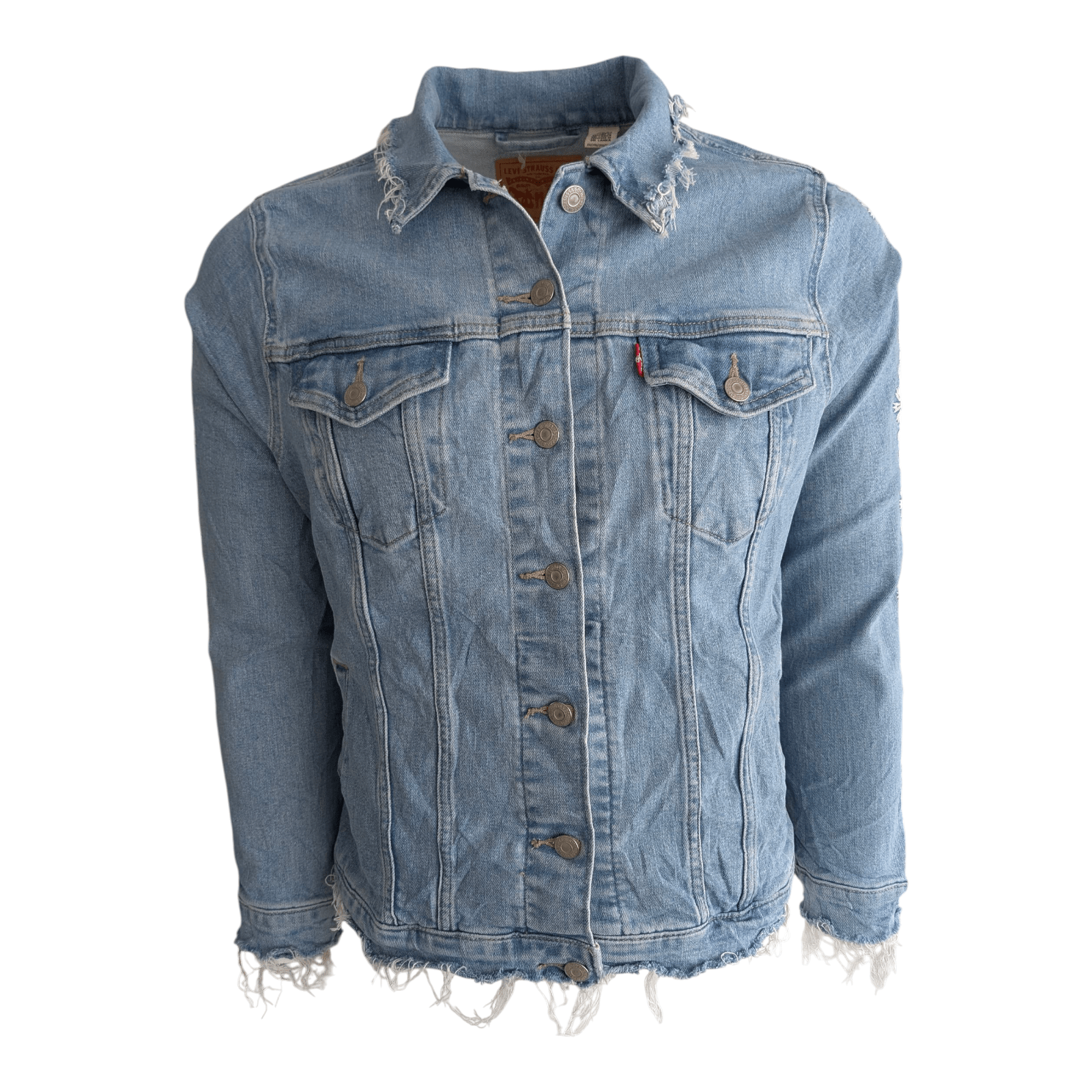 Levi’s Women’s Denim Trucker Jacket Distressed Embroidered Floral Blue 2X Plus - USASTARFASHION