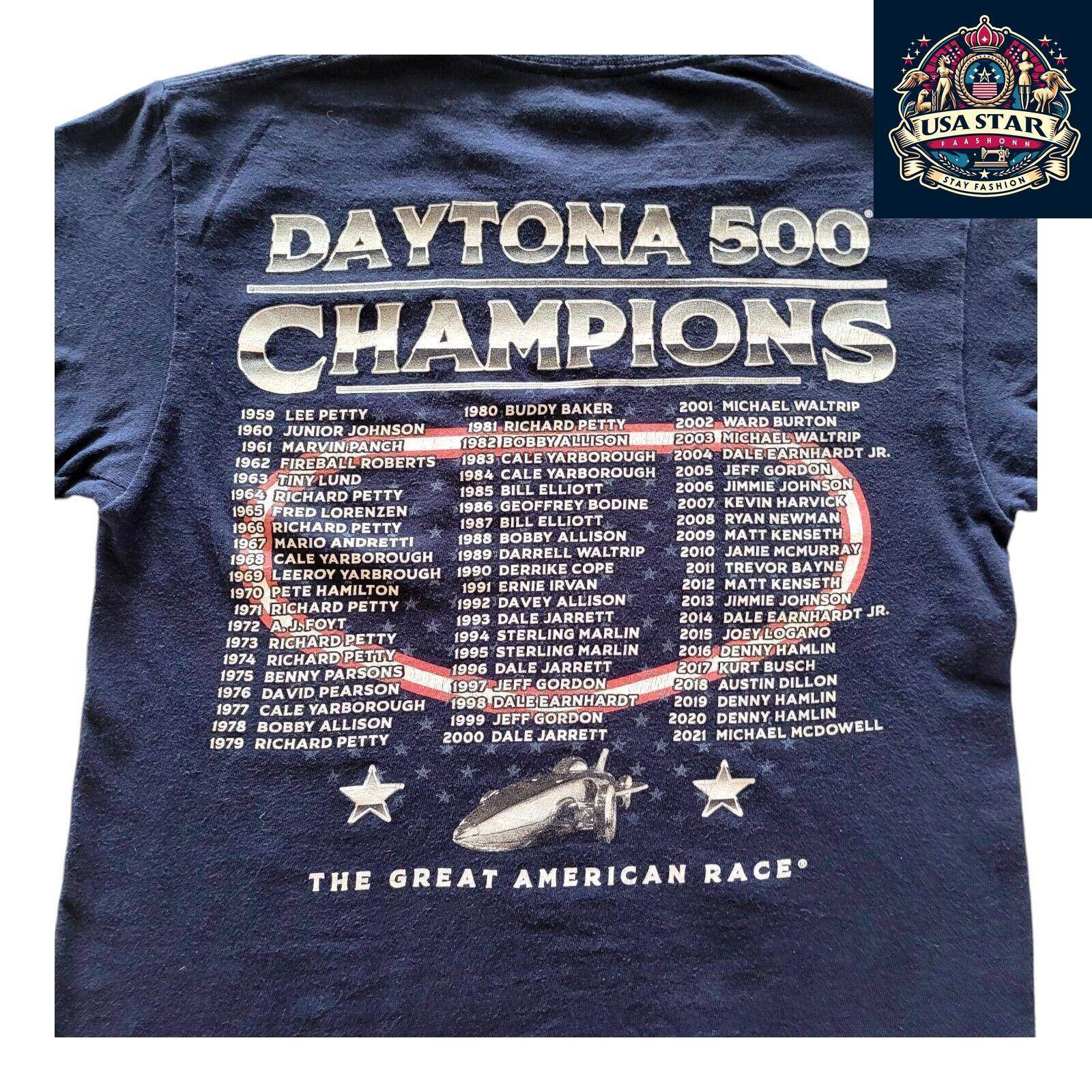 NASCAR Daytona 500 T-Shirt 1959 - 2021 Champions Graphic - 100% Cotton, Small, Comfortable Fit - USASTARFASHION