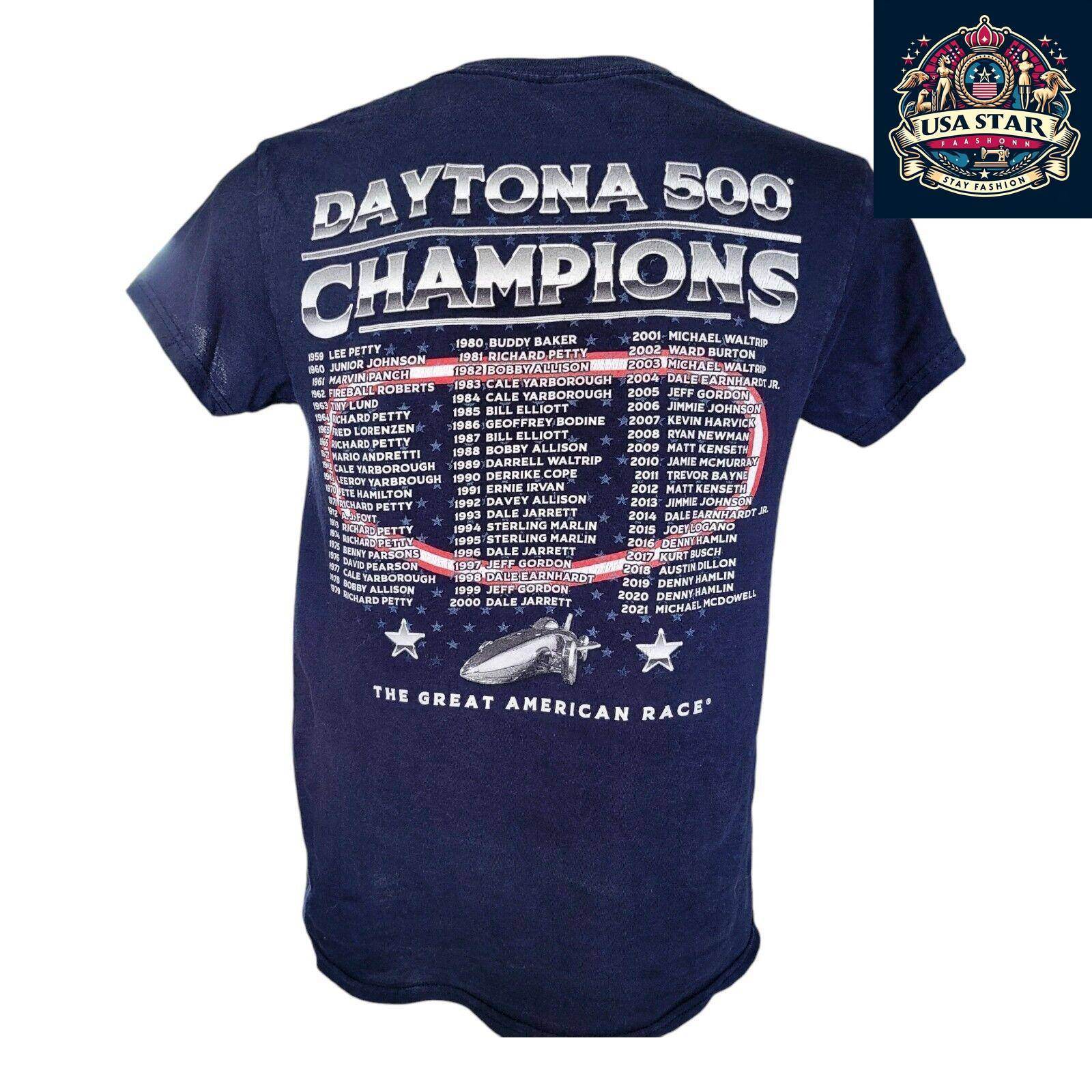 NASCAR Daytona 500 T-Shirt 1959 - 2021 Champions Graphic - 100% Cotton, Small, Comfortable Fit - USASTARFASHION