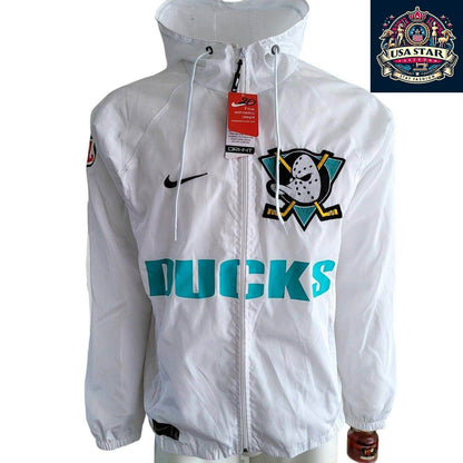 Nike Mighty Ducks Jacket - White Windbreaker Rain Jacket Size S with Iconic Logo and Adjustable Hood - USASTARFASHION