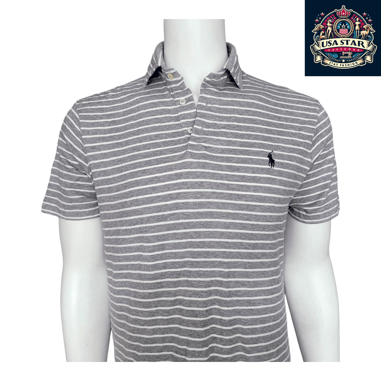 Polo Ralph Lauren Gray Polo Shirt, Men's Size L, 100% Cotton, Classic Striped Design - USASTARFASHION