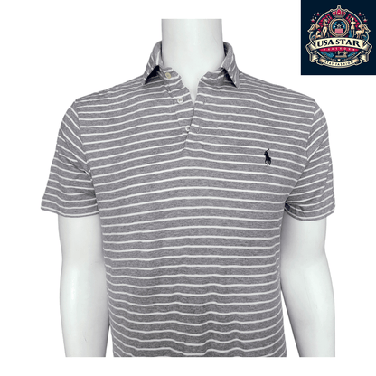 Polo Ralph Lauren Gray Polo Shirt, Men's Size L, 100% Cotton, Classic Striped Design - USASTARFASHION