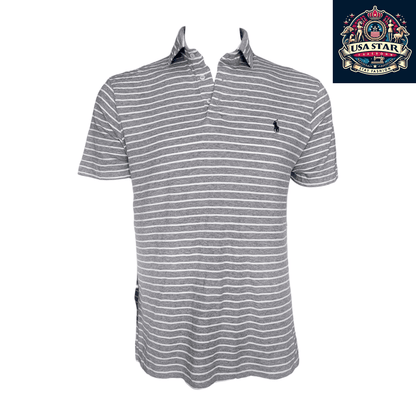 Polo Ralph Lauren Gray Polo Shirt, Men's Size L, 100% Cotton, Classic Striped Design - USASTARFASHION