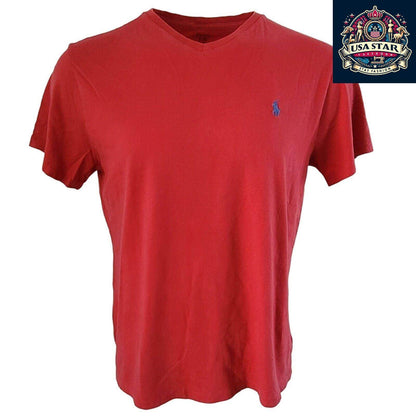 Polo Ralph Lauren T-Shirt Red V - Neck Large Unisex Cotton Tee - Classic Style & Comfort - USASTARFASHION