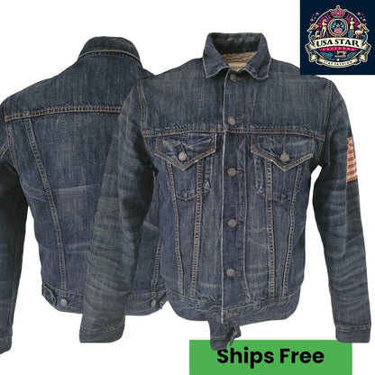 Ralph Lauren Navy Sherpa Denim Jacket Size Small with Flag Theme, Soft Cotton & Practical Pockets - USASTARFASHION