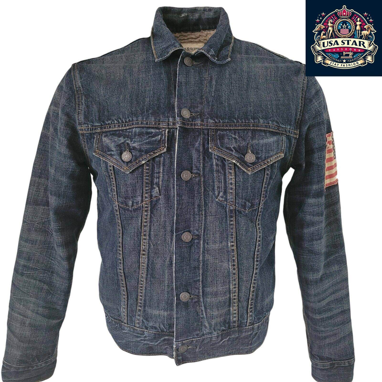 Ralph Lauren Navy Sherpa Denim Jacket Size Small with Flag Theme, Soft Cotton & Practical Pockets - USASTARFASHION