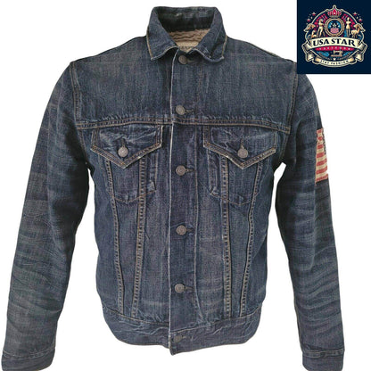 Ralph Lauren Navy Sherpa Denim Jacket Size Small with Flag Theme, Soft Cotton & Practical Pockets - USASTARFASHION