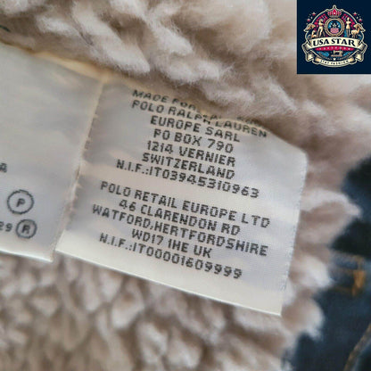 Ralph Lauren Navy Sherpa Denim Jacket Size Small with Flag Theme, Soft Cotton & Practical Pockets - USASTARFASHION