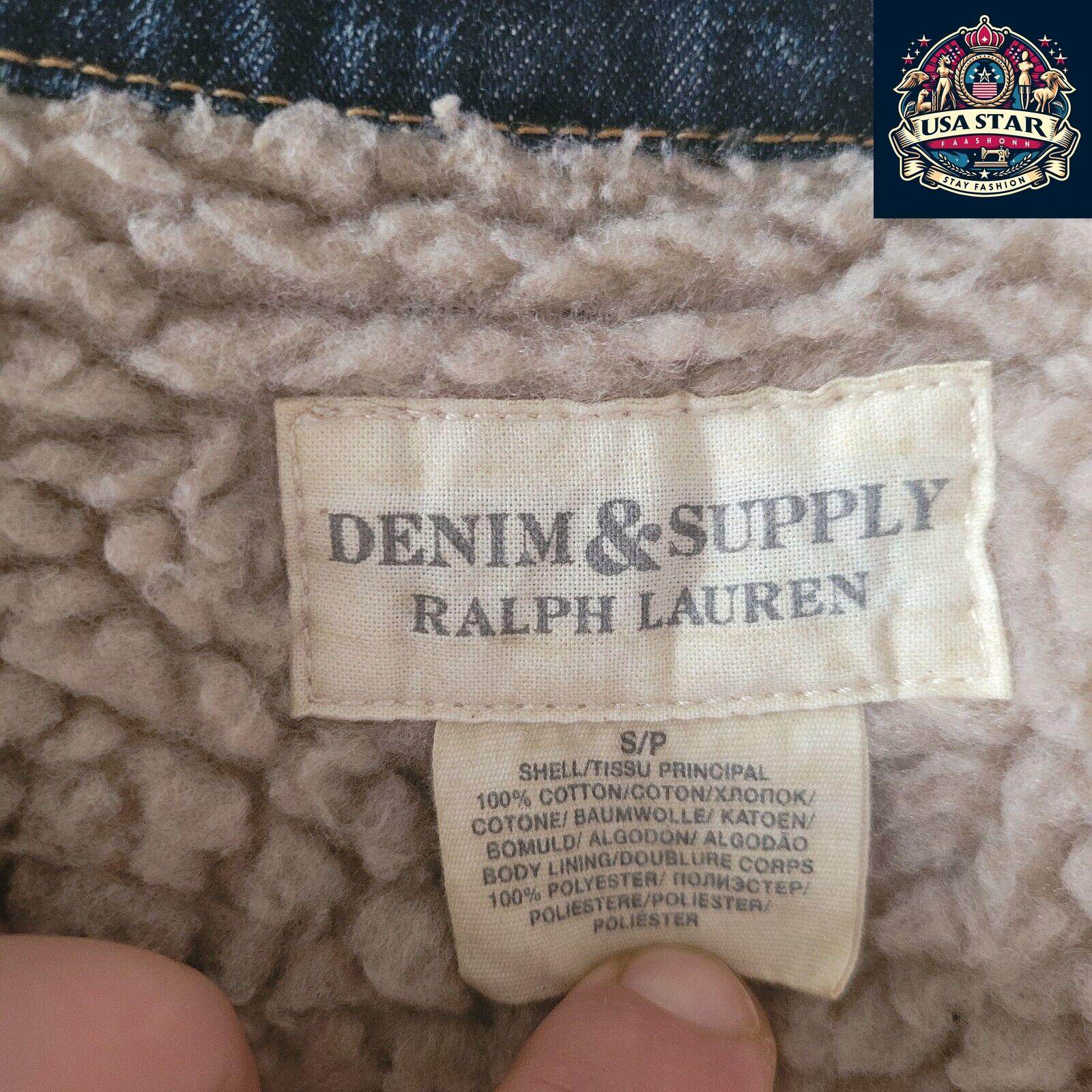 Ralph Lauren Navy Sherpa Denim Jacket Size Small with Flag Theme, Soft Cotton & Practical Pockets - USASTARFASHION