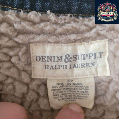 Ralph Lauren Navy Sherpa Denim Jacket Size Small with Flag Theme, Soft Cotton & Practical Pockets - USASTARFASHION