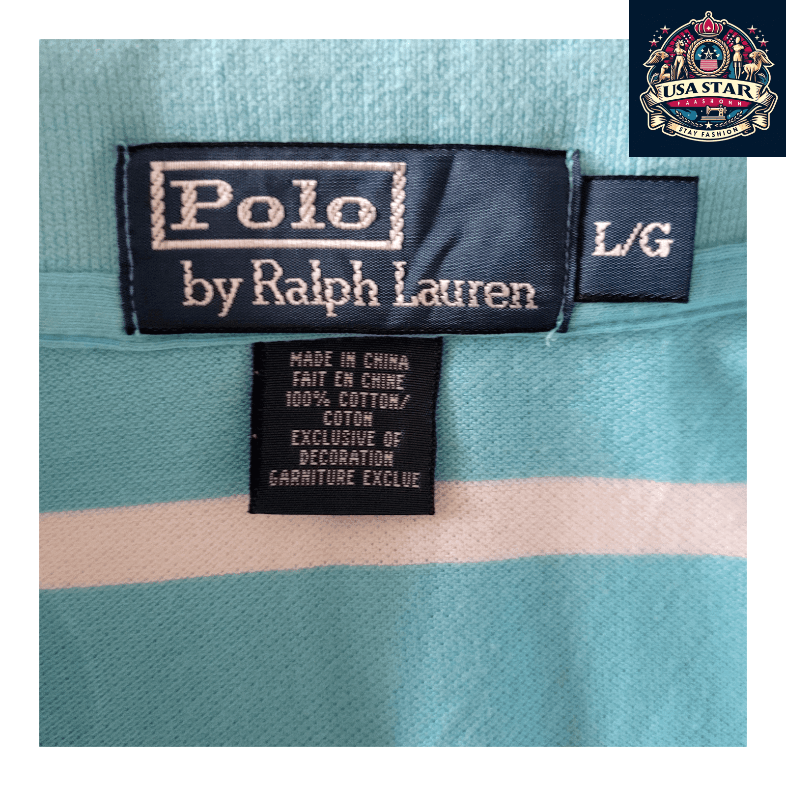 Ralph Lauren Polo Shirt Light Blue/White Stripes Size LG, 100% Cotton Classic Comfort - USASTARFASHION