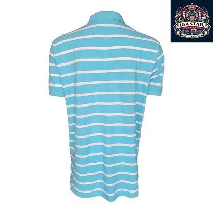 Ralph Lauren Polo Shirt Light Blue/White Stripes Size LG, 100% Cotton Classic Comfort - USASTARFASHION