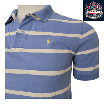 Ralph Lauren Polo Shirt Men's M 100% Cotton Blue Striped Short Sleeve for Comfort and Style - USASTARFASHION
