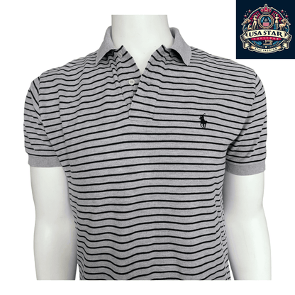 Ralph Lauren Polo Shirt Men's Medium Gray And Black Stripes With Classic Black Pony Logo - USASTARFASHION
