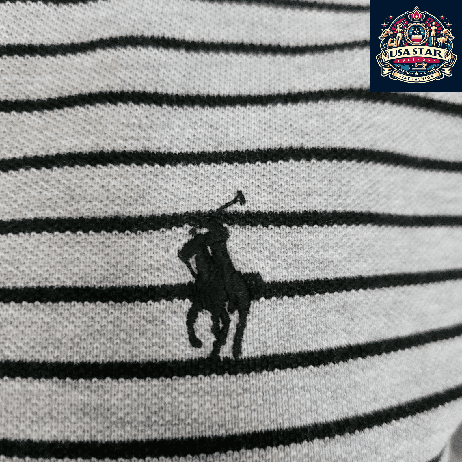 Ralph Lauren Polo Shirt Men's Medium Gray And Black Stripes With Classic Black Pony Logo - USASTARFASHION