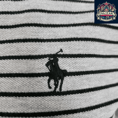 Ralph Lauren Polo Shirt Men's Medium Gray And Black Stripes With Classic Black Pony Logo - USASTARFASHION