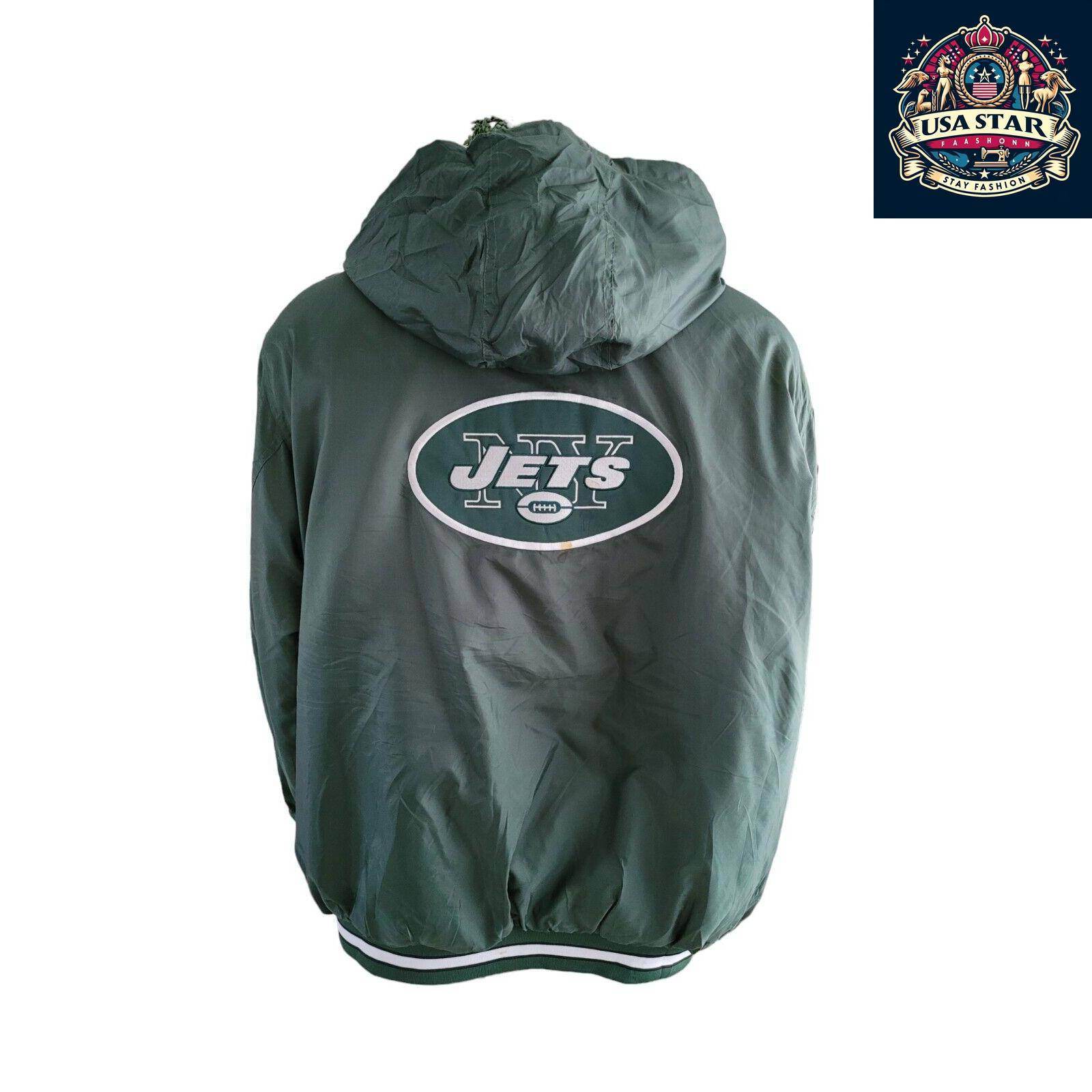 Reebok NFL NY Jets Vintage Baseball Jacket 2XL with Removable Hoodie, Team Logos & Pockets - USASTARFASHION