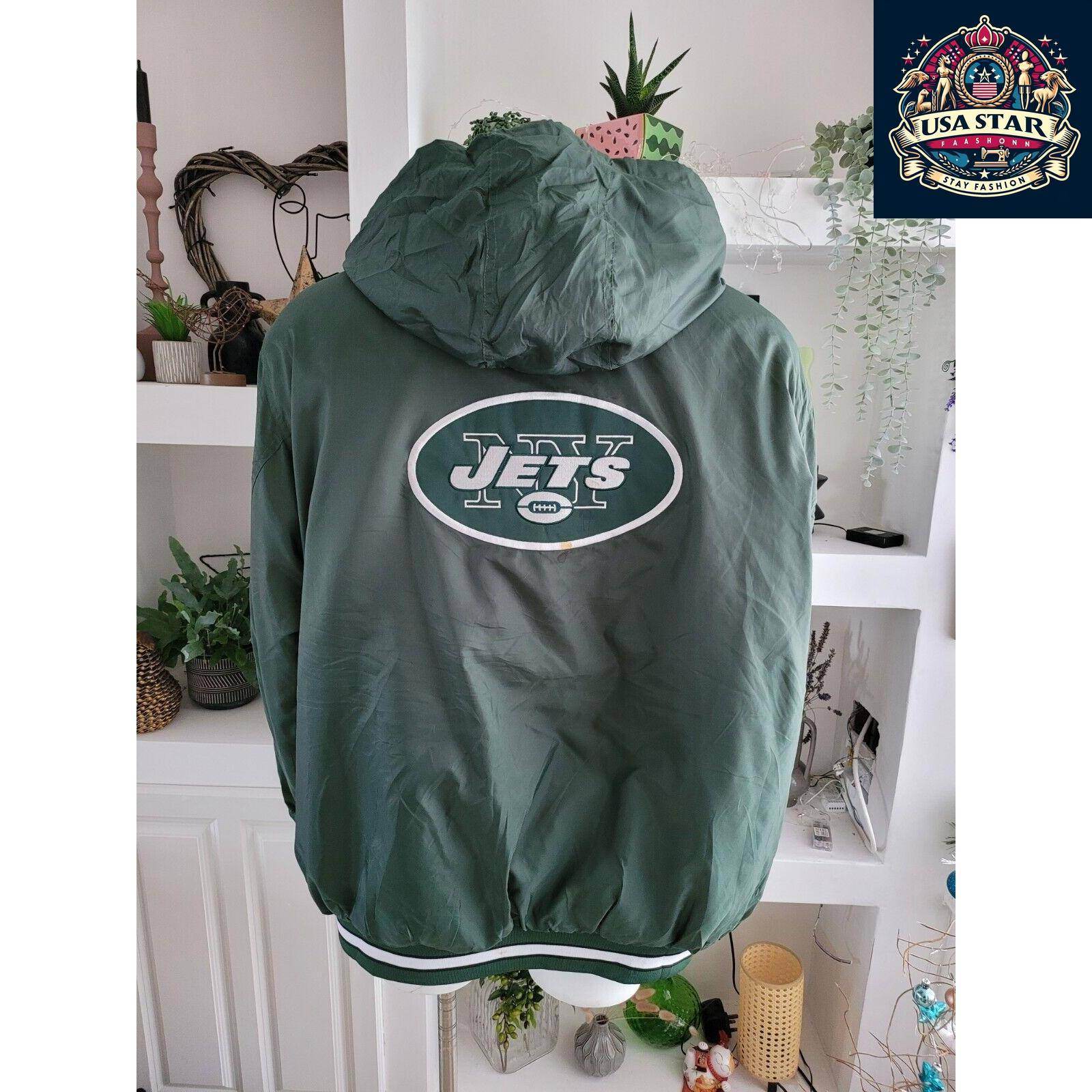 Reebok NFL NY Jets Vintage Baseball Jacket 2XL with Removable Hoodie, Team Logos & Pockets - USASTARFASHION