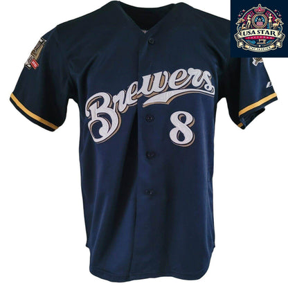 Ryan Braun T-Shirt 8 Milwaukee Brewers 40th Anniversary Majestic Tee Sz M Navy Blue Short Sleeve - USASTARFASHION