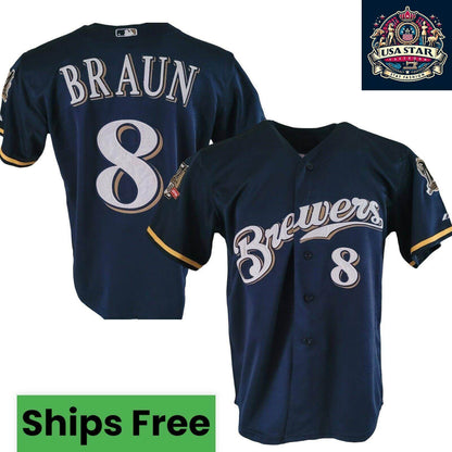 Ryan Braun T-Shirt 8 Milwaukee Brewers 40th Anniversary Majestic Tee Sz M Navy Blue Short Sleeve - USASTARFASHION