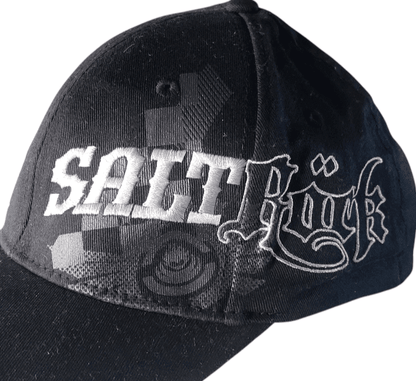 Saltrock Snapback Cap - Black Elastic - Fit With Embroidered Gothic Script Logo, One Size Fits Most - USASTARFASHION
