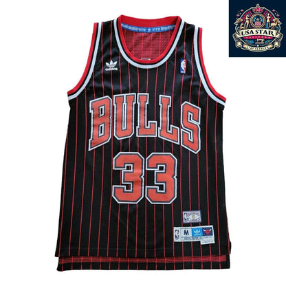 Scottie Pippen 33 Chicago Bulls Jersey - Black Red Pinstripe Vintage M - NBA Apparel - USASTARFASHION