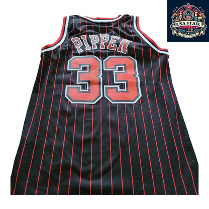 Scottie Pippen 33 Chicago Bulls Jersey - Black Red Pinstripe Vintage M - NBA Apparel - USASTARFASHION