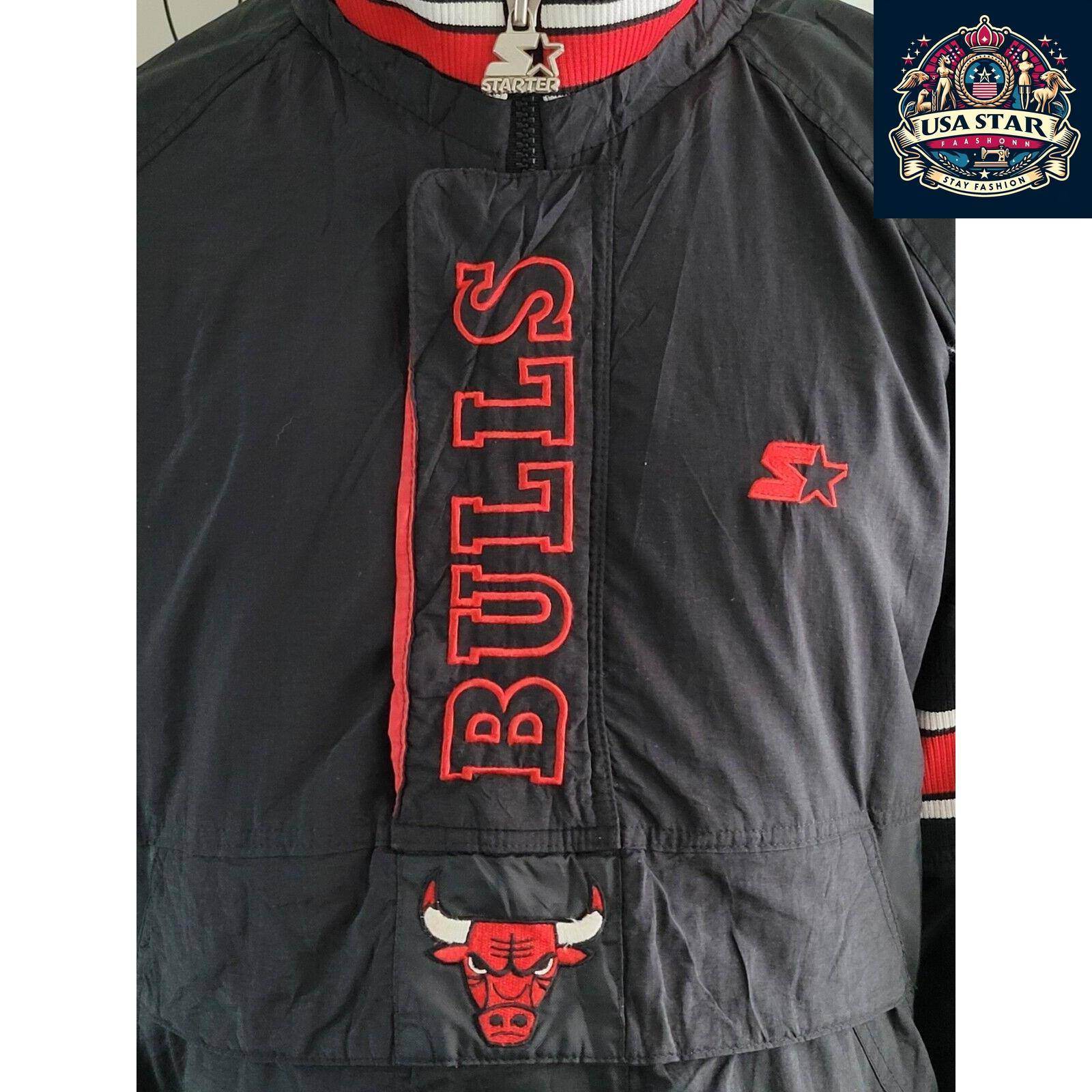 Starter Chicago Bulls Jacket 90s Puffer Bomber, Black Red, Size L, Bold Branding, Functional Design - USASTARFASHION
