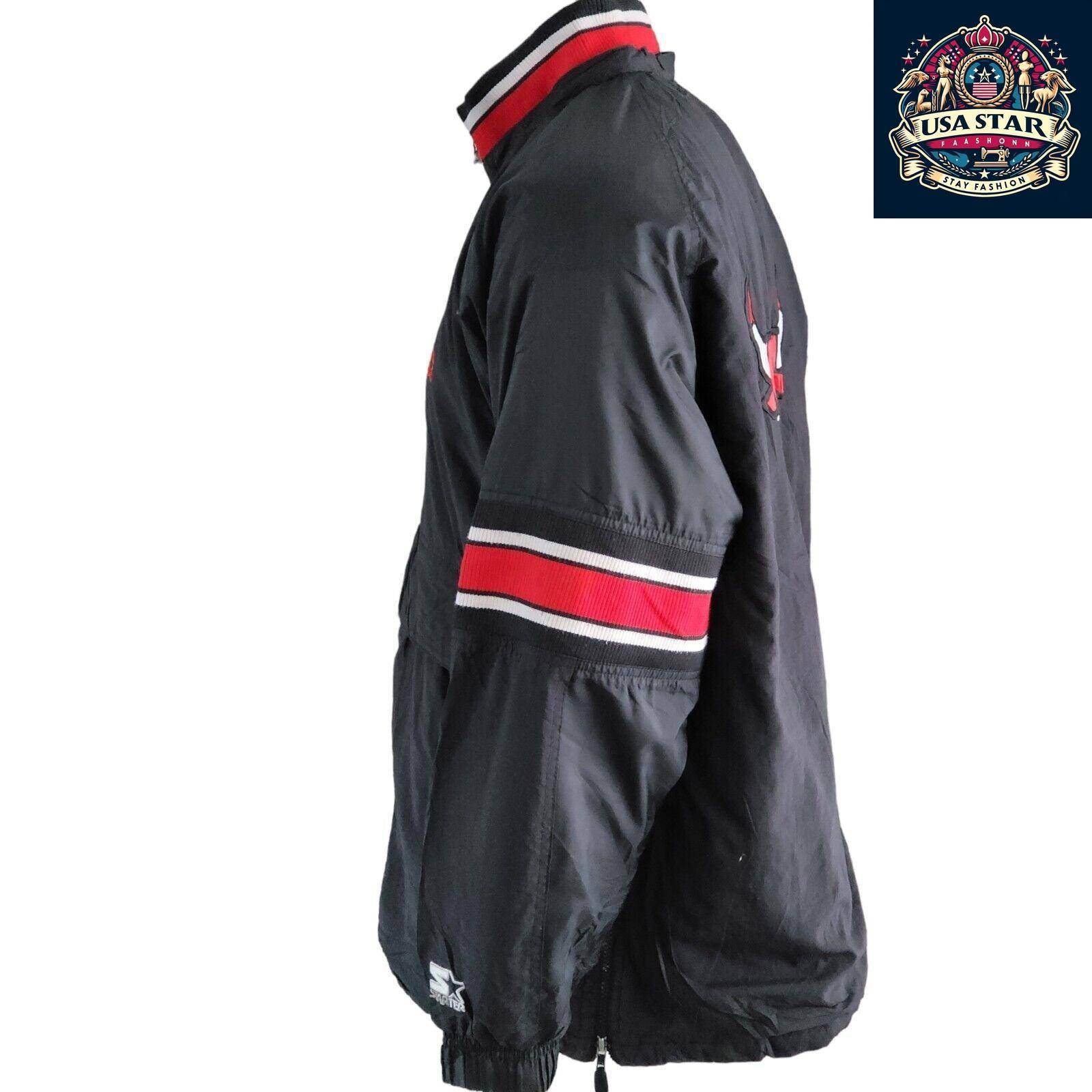 Starter Chicago Bulls Jacket 90s Puffer Bomber, Black Red, Size L, Bold Branding, Functional Design - USASTARFASHION