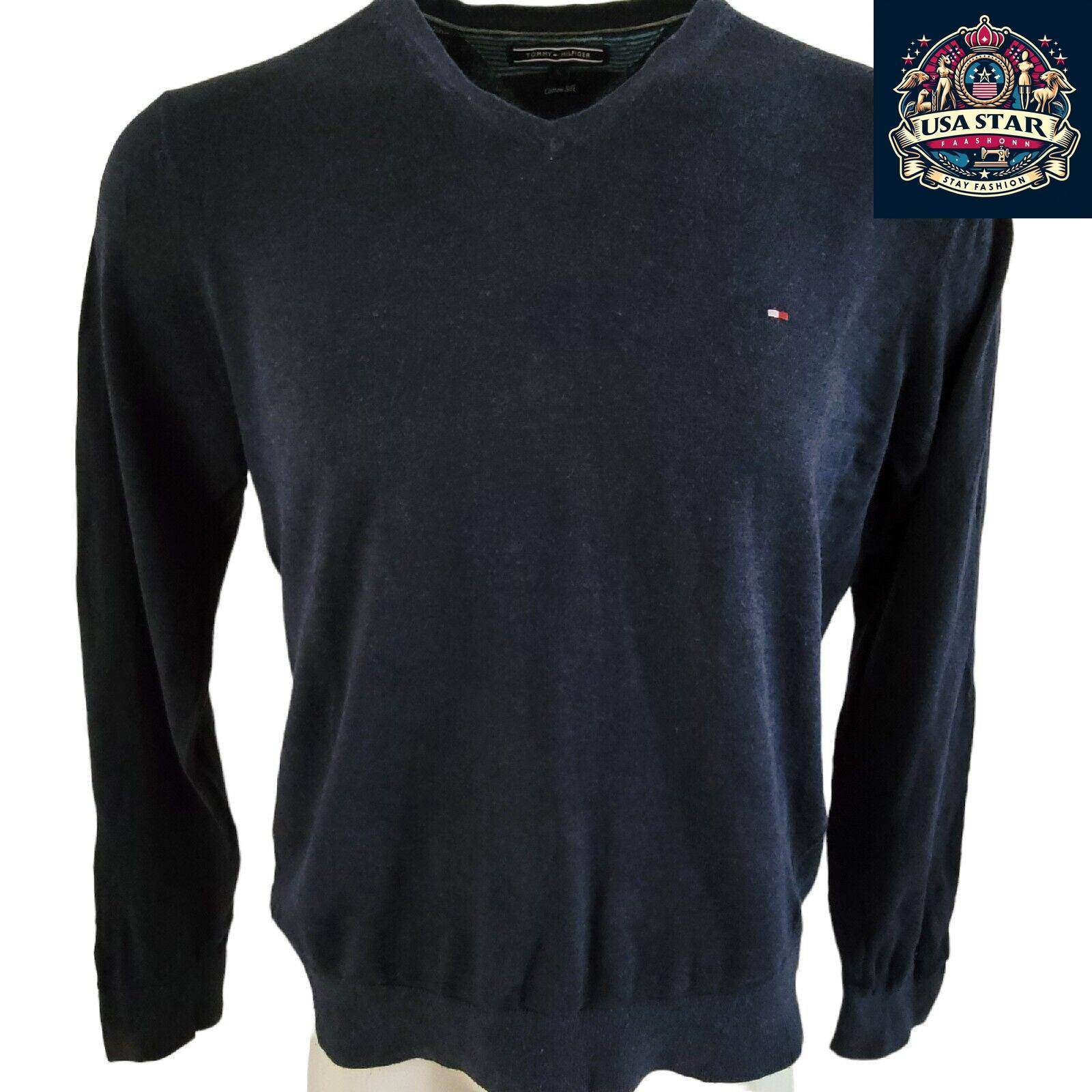 Tommy Hilfiger Men's Jumper - Large Navy Blue Crew Neck Pullover - Cotton Silk Blend Knit - USASTARFASHION