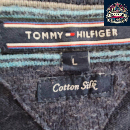 Tommy Hilfiger Men's Jumper - Large Navy Blue Crew Neck Pullover - Cotton Silk Blend Knit - USASTARFASHION