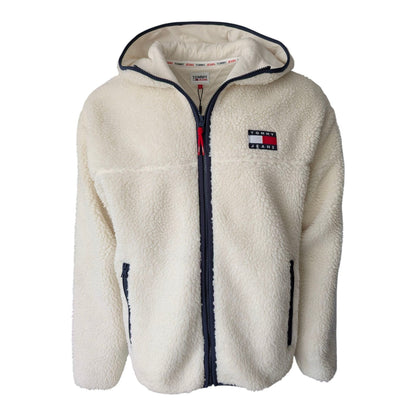 Tommy Jeans Sherpa Zip Hoodie Jacket Ecru Fleece Men’s Size L - USASTARFASHION
