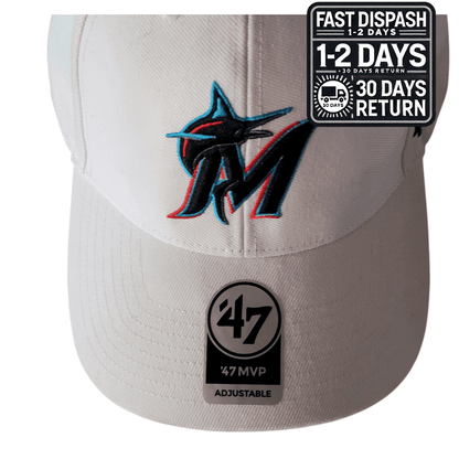 47 Brand Miami Marlins Baseball Cap - White Adjustable Style for Men - One Size Fits All MLB Gear - USASTARFASHION